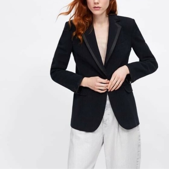 ZARA Navy Blue Velvet Contrasting Blazer Sz S Minimalist Classic Chic - Picture 1 of 13